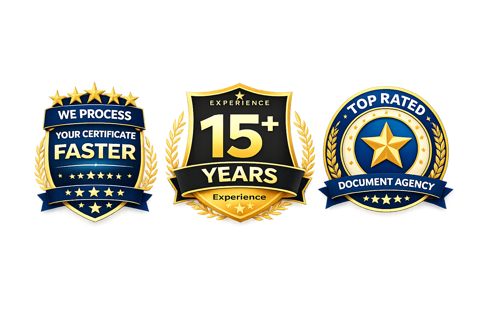 Fast Track Certificate trust badges showing faster certificate support, 15 years experience and top rated document agency